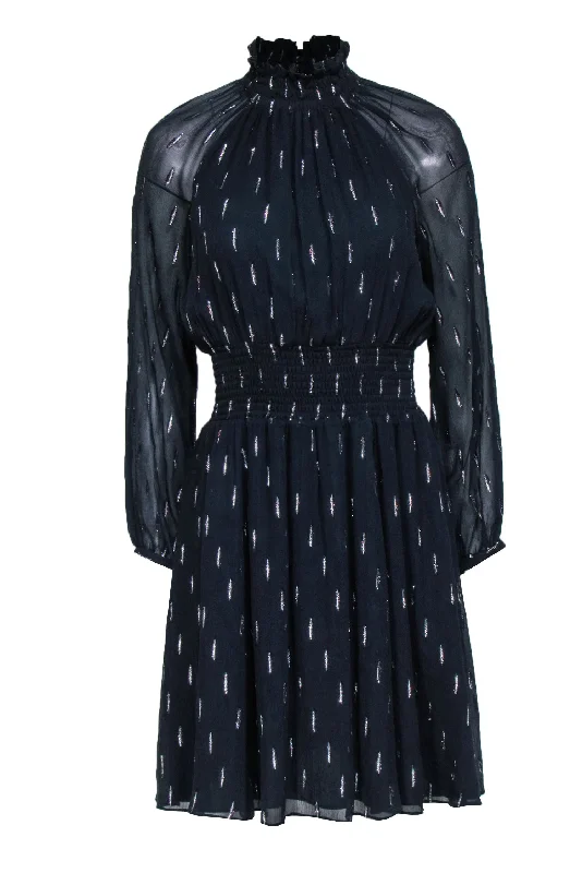 Rebecca Minkoff - Navy Gathered Mock Neck Dress w/ Metallic Pattern Sz 4 Budget-friendly unclassified dresses