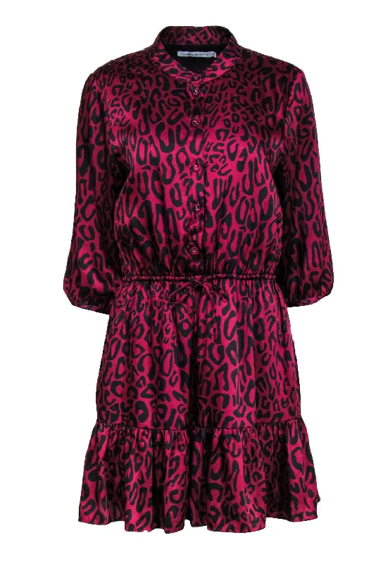 Rebecca Minkoff - Dark Fuchsia & Black Leopard Print Satin Dress w/ Flounce Hem Sz M Knitted unclassified dresses