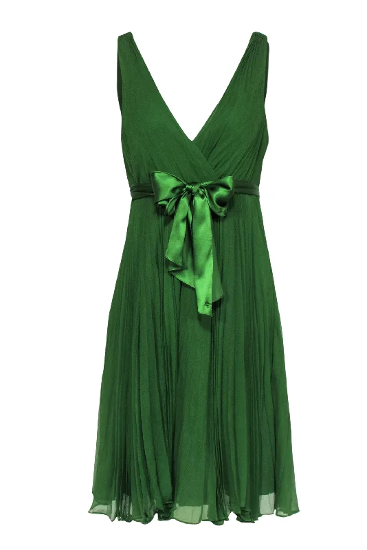 Rebecca Taylor - Emerald Chiffon Pleated A-Line Dress w/ Satin Belt Sz 6 Cocktail unclassified dresses