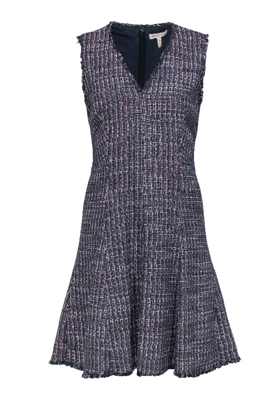 Rebecca Taylor - Navy & Pink Tweed Sleeveless A-Line Dress w/ Frayed Trim Sz 8 Discounted unclassified dresses