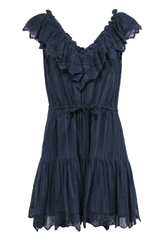 Rebecca Taylor - Navy Cotton Flutter Hem Dress w/ V-Neckline & Ruffles Sz 8 Silk unclassified dresses