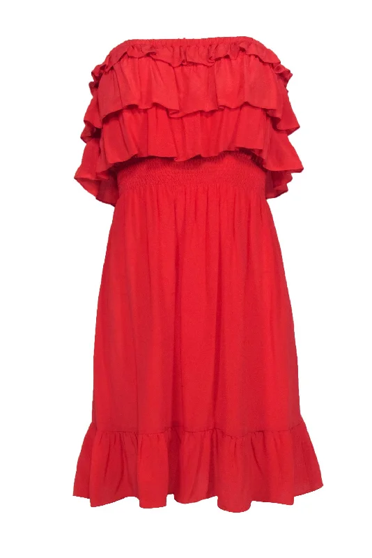 Rebecca Taylor - Deep Coral Silk Ruffle Strapless Dress w/ Smocked Waistband Sz 8 Holiday unclassified dresses