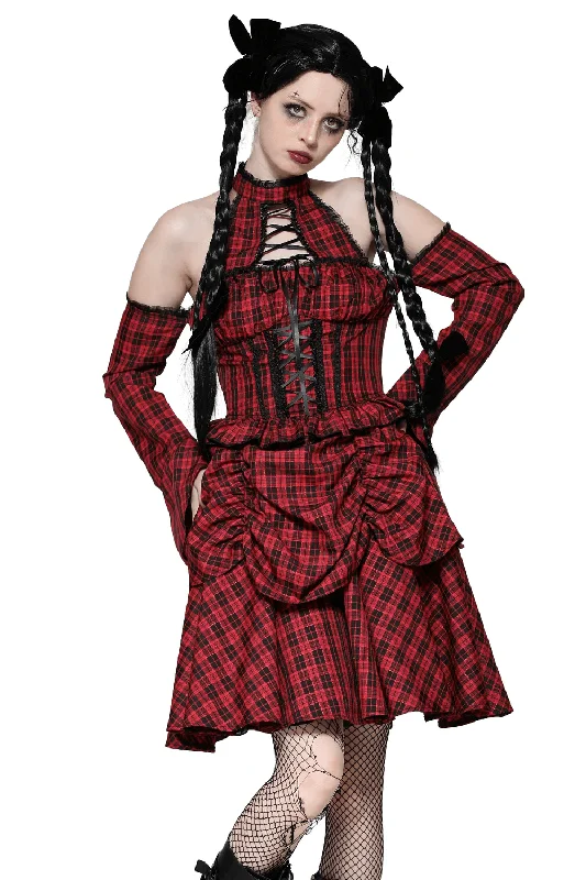 Red Plaid Gothic Corset Dress with Ruffle Details Short unclassified dresses