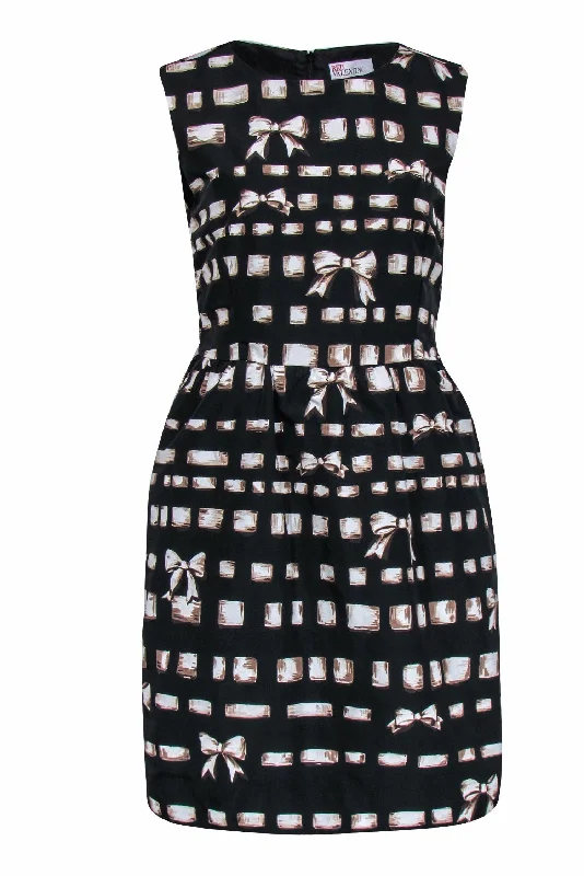 Red Valentino - Black & Tan Ribbon Print Fit & Flare Dress Sz 8 Vacation unclassified dresses