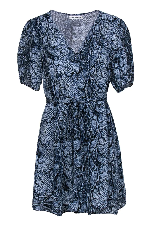 Reformation - Blue Snakeskin Print Ruched Sleeve Wrap Dress Sz 1X Club unclassified dresses