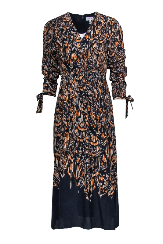 Reiss - Navy & Orange Cross-Hatching Print Empire Waist Dress Sz 8 Smocked unclassified dresses