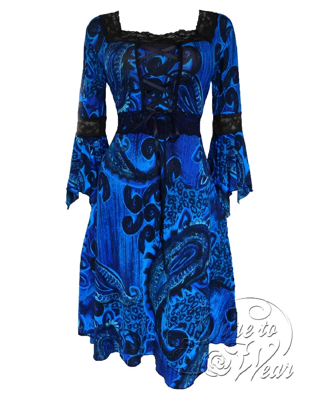 Renaissance in Deep Sea | Blue Paisley Gothic Victorian Corset Dress Bright color unclassified dresses