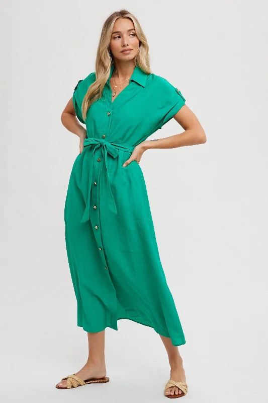 Roll Tab Belted Button Dress Green Breathable unclassified dresses