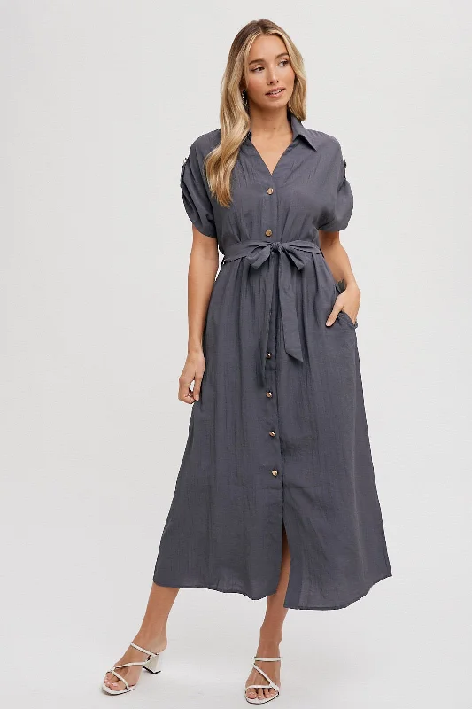 Roll Tab Belted Button Dress Slate Lightweight unclassified dresses