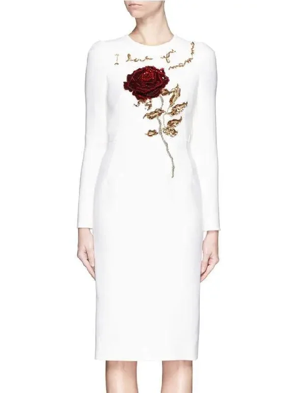 Rose Embellished Dress-White Breathable unclassified dresses