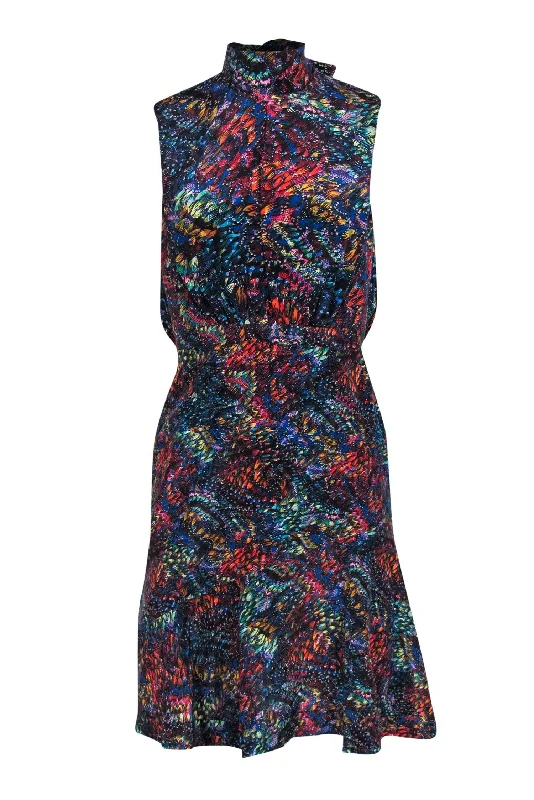 Saloni - Multicolor Printed Mock Neck Silk Open Back Dress Sz 0 Casual chic unclassified dresses