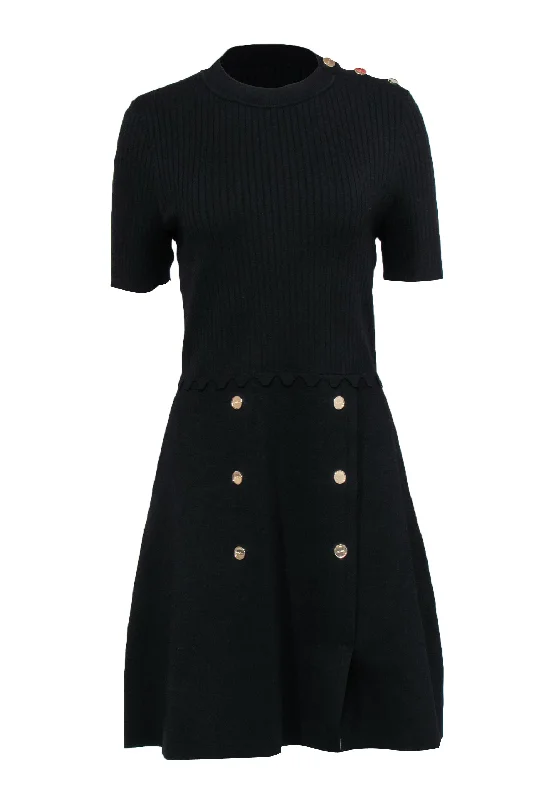 Sandro - Black Knit Fit & Flare Dress w/ Gold-Toned Button Details Sz 10 Travel unclassified dresses