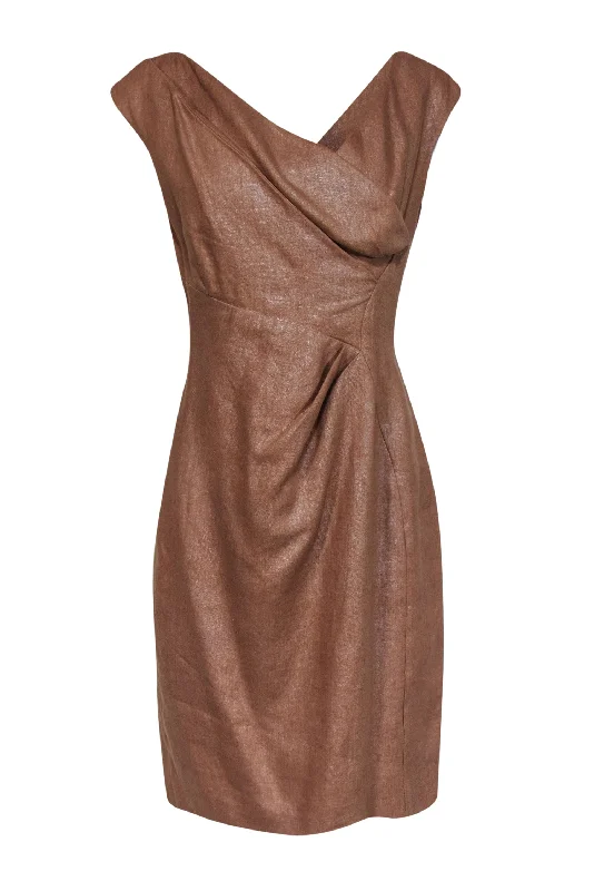 Sara Campbell - Metallic Tan Woven Linen Sheath Dress Sz 10 A-line unclassified dresses