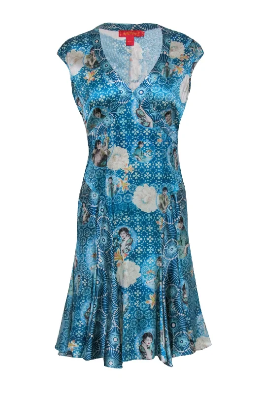 Shanghai Tang - Blue Portrait Print V-Neck Silk Dress Sz 6 Wrap unclassified dresses