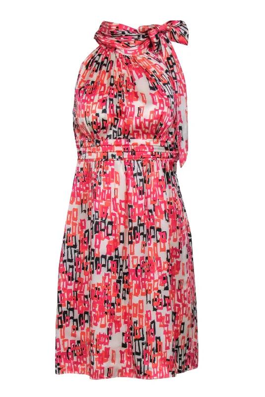 Shoshanna - White & Pink Printed Satin Tied Neck Dress Sz 0 Long sleeve unclassified dresses