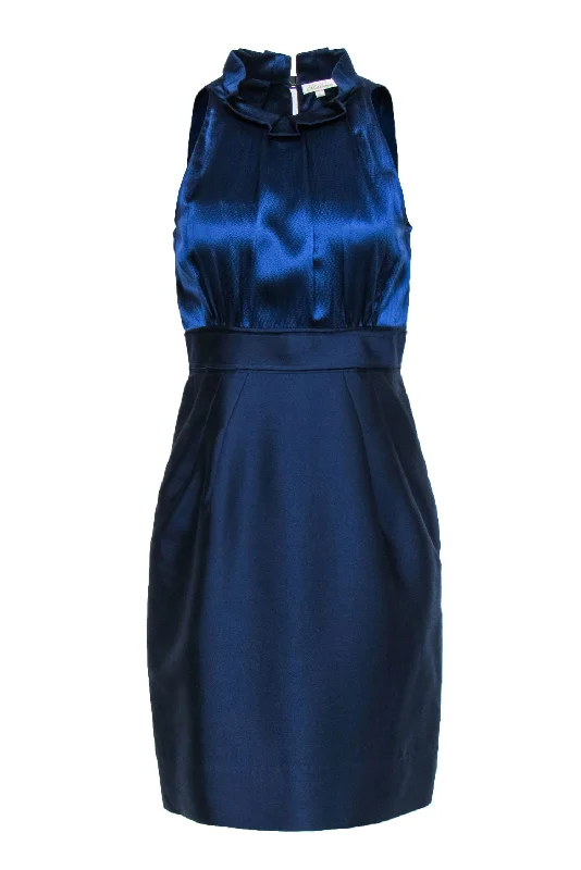 Shoshanna - Cobalt Midnight Silk & Wool High-Neck Sheath Dress w/ Ruffles Sz 6 Short unclassified dresses