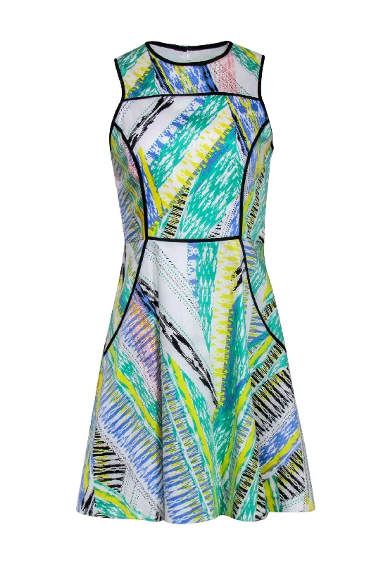 Shoshanna - White & Multicolor Retro Print Dress w/ Black Piping Sz 8 Best-selling unclassified dresses