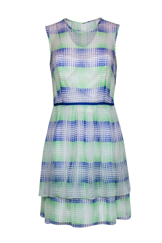 Shoshanna - White, Blue & Neon Green Grid Pattern Silk Dress Sz 6 Neutral tone unclassified dresses