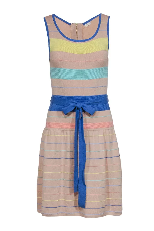 Shoshanna - Nude & Pastel Knit Stripe Fit & Flare Dress w/ Tie Sz S Bright color unclassified dresses