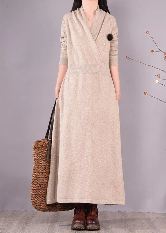 Simple Beige Quilting Clothes V Neck Asymmetric Spring Dress Satin unclassified dresses