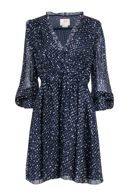 Kate Spade - Navy & Silver Metallic Star Print Silk Dress Sz 8 Vintage unclassified dresses