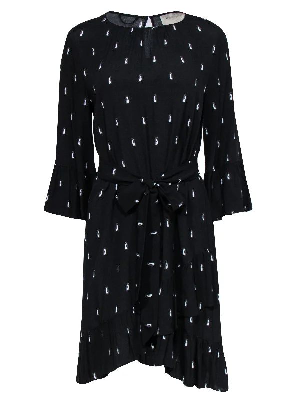 Kate Spade - Black Penguin Print Shift Dress w/ Tie Waist & Bell Sleeves Sz M Ruched unclassified dresses