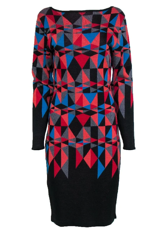 St. John - Multicolor Geometric Print Knit Dress w/ Plunging Back Detail Sz M Beach unclassified dresses