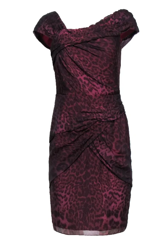 Tadashi Shoji - Maroon Leopard Print Pleated Silk Dress Sz 4 Casual unclassified dresses