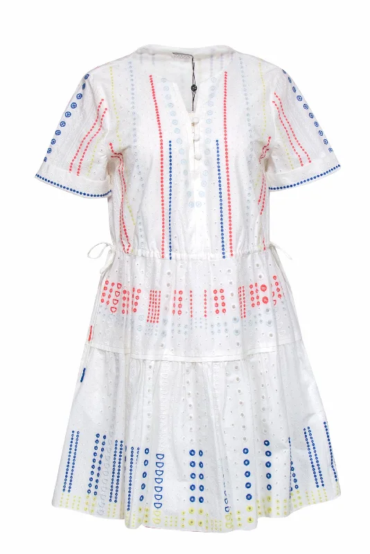 Tanya Taylor - White Cotton Eyelet Dress w/ Colorful Embroidery Detail Sz 6 High-low unclassified dresses