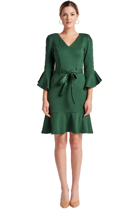 Tayte Dress - V-neck 3/4 sleeve dress with ruffle accents and self belt A-line unclassified dresses