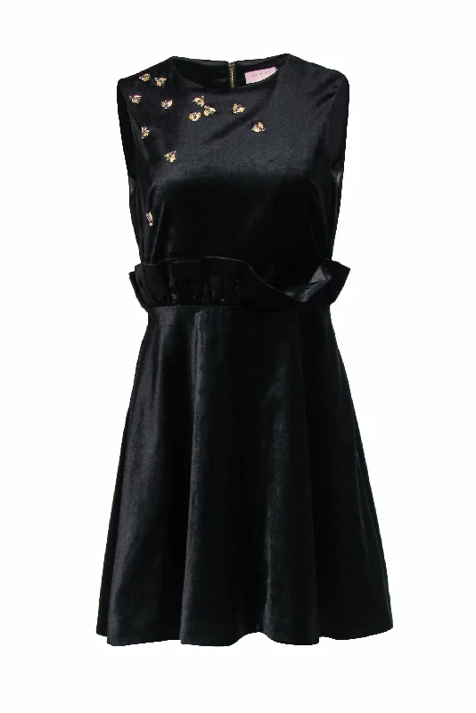 Ted Baker - Black Velvet Fit & Flare Dress w/ Beaded Bee Embellishment Sz 6 Y2K unclassified dresses