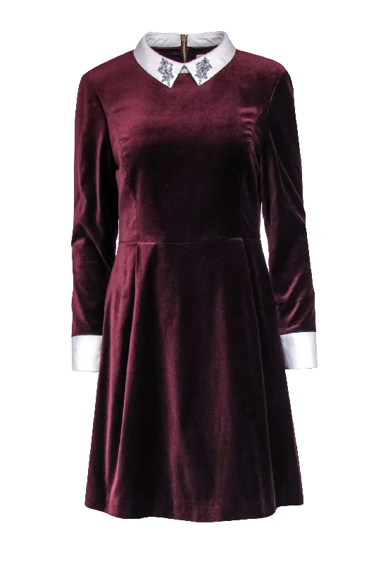 Ted Baker - Maroon Velvet A-Line Dress w/ Jeweled Peter Pan Collar Sz 8 Affordable unclassified dresses