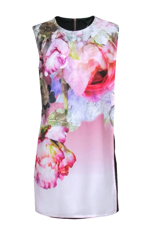 Ted Baker - Pink Peonies Printed Front-Paneled Shift Dress Sz 8 Lightweight unclassified dresses