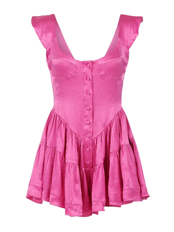 The Elisabeth Romper Dress - Hot Pink Satin Petite unclassified dresses