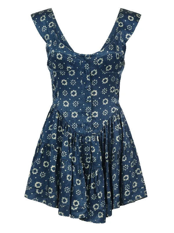 The Elisabeth Romper Dress - Indigo Flower Ruffled unclassified dresses