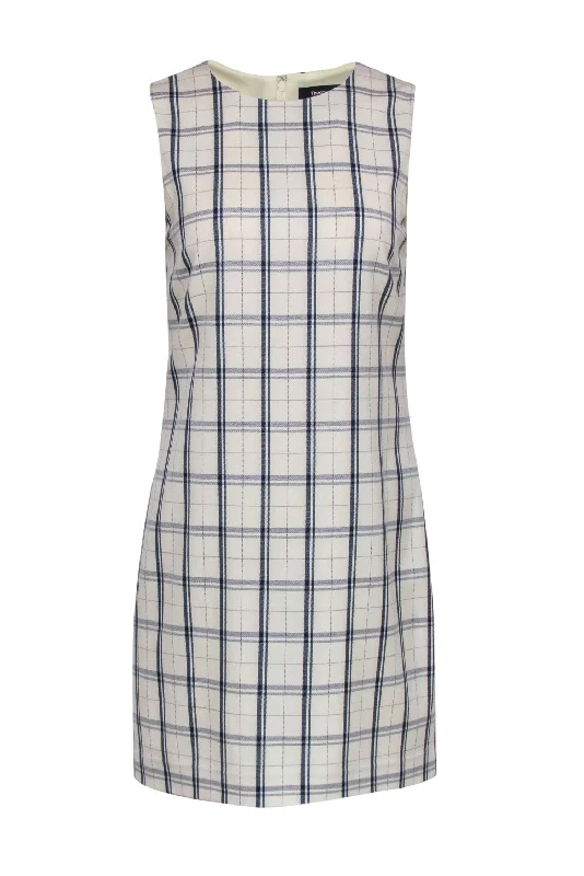 Theory - Ivory & Navy Plaid Sleeveless Wool Blend Shift Dress Sz 6 Short unclassified dresses