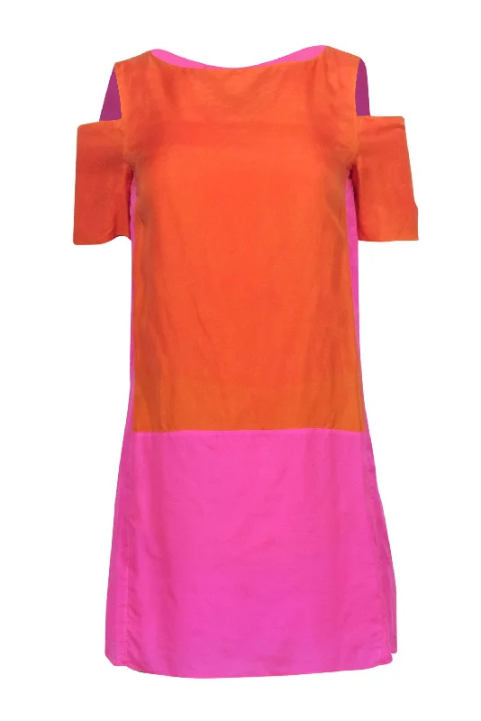 Tibi - Bright Pink & Orange Cold Shoulder Silk Shift Dress Sz 2 Floral unclassified dresses