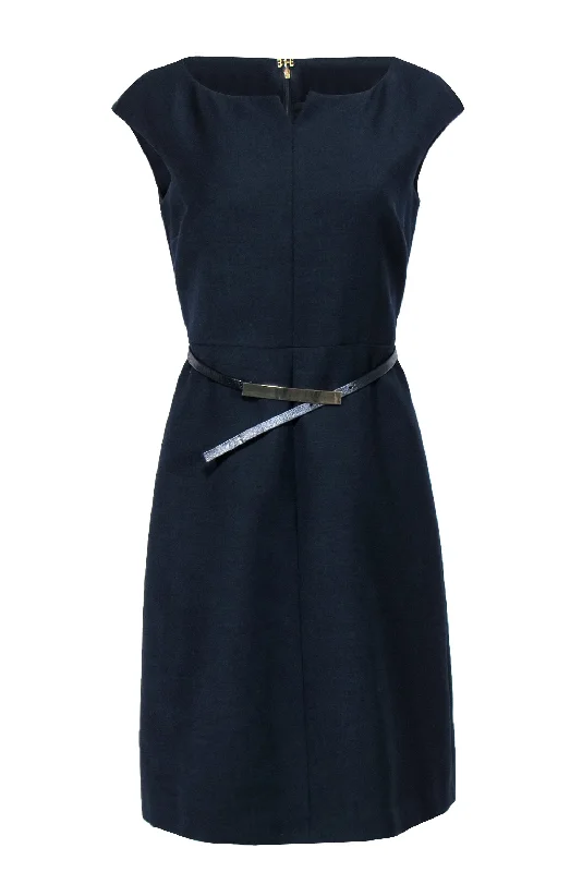 Tory Burch - Navy Belted Boatneck Sheath Dress Sz 6 Embroidered unclassified dresses