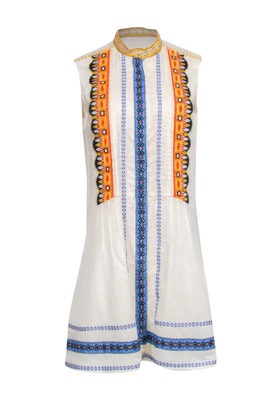 Tory Burch - Ivory & Multicolor Embroidered Sleeveless Shift Dress Sz 8 Striped unclassified dresses