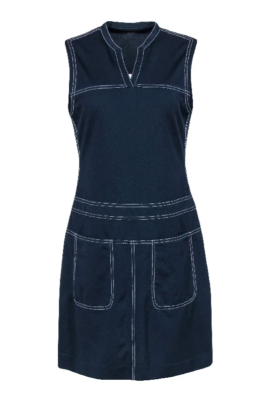 Tory Sport - Navy Woven Fitted Dress w/ White Stitching Sz L Mesh unclassified dresses