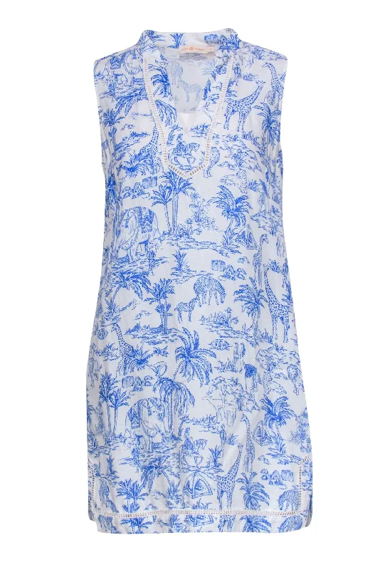 Tory Burch - White & Blue Chinoiseries-Style Safari Print Dress Sz M Chiffon unclassified dresses