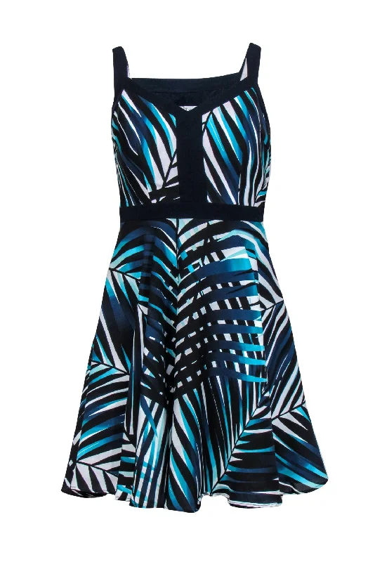 Trina Turk - Navy, White, Black & Turquoise Leaf Print Fit & Flare Dress Sz 0 Everyday wear unclassified dresses