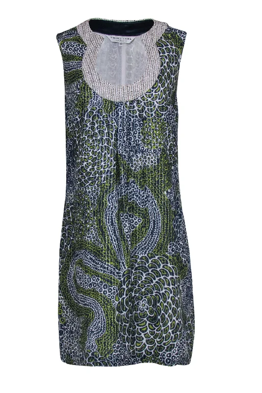 Trina Turk - Blue & Green Metallic Scoop Neck Shift Dress Sz 10 Neutral tone unclassified dresses