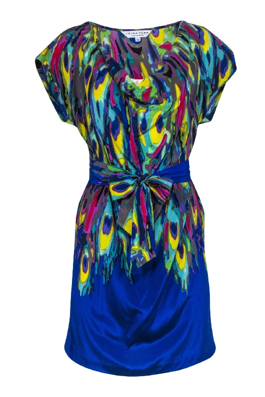 Trina Turk - Blue & Multicolor Psychedelic Print Dress w/ Waist Sash Sz 4 Elegant unclassified dresses