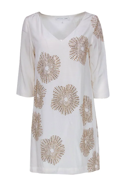 Trina Turk - White Silk Chiffon Shift Dress w/ Gold Sunbursts Sz 4 Gothic unclassified dresses