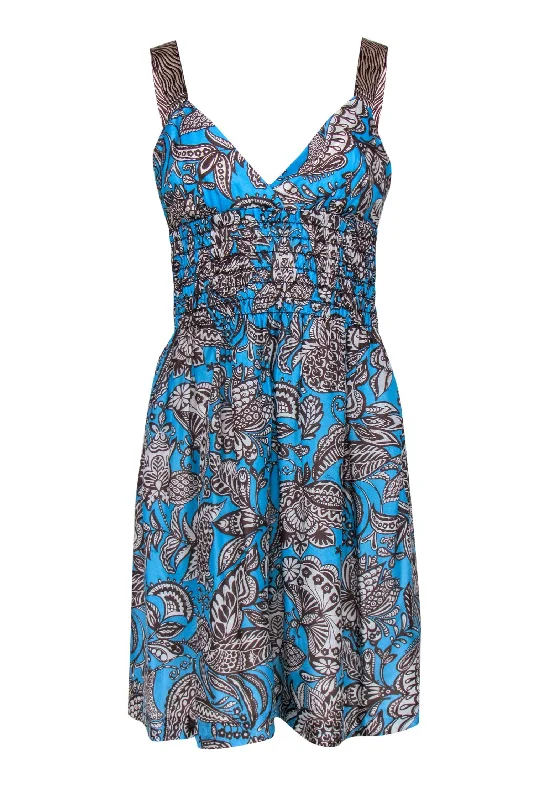 Trina Turk - Bright Blue & Brown Paisley Print Smocked Waist Dress Sz 6 Denim unclassified dresses