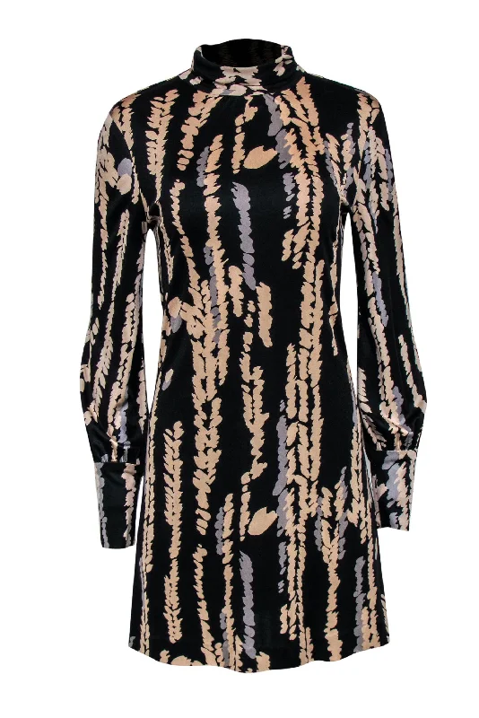 Trina Turk - Black, Beige & Grey Print High Neck Dress Sz 8 Monochrome unclassified dresses