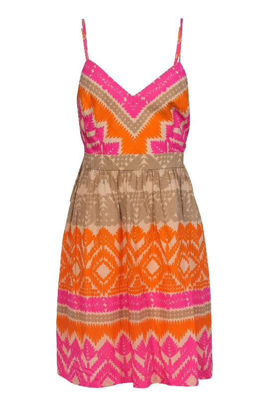 Trina Turk - Beige, Pink & Orange Bohemian Print Fit & Flare Dress Sz 8 Office unclassified dresses