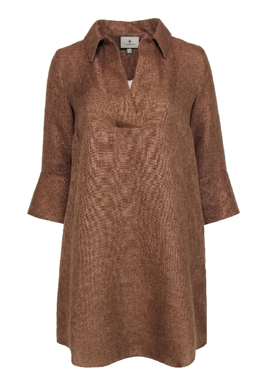 Tuckernuck - Brown Woven Linen Blend Collared Shift Dress Sz S Long sleeve unclassified dresses