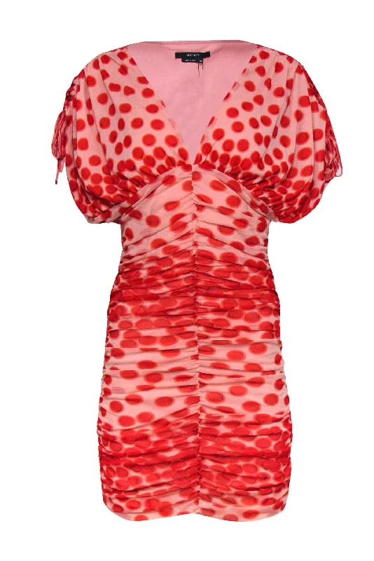 Vertigo - Peach & Red Dotted Drawstring Shoulder Dress Sz M Comfortable unclassified dresses